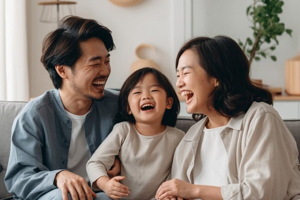 A joyful young family of three laughing together in a bright living room, illustrating the sense of security provided by Havend's independent insurance advisory in Singapore.