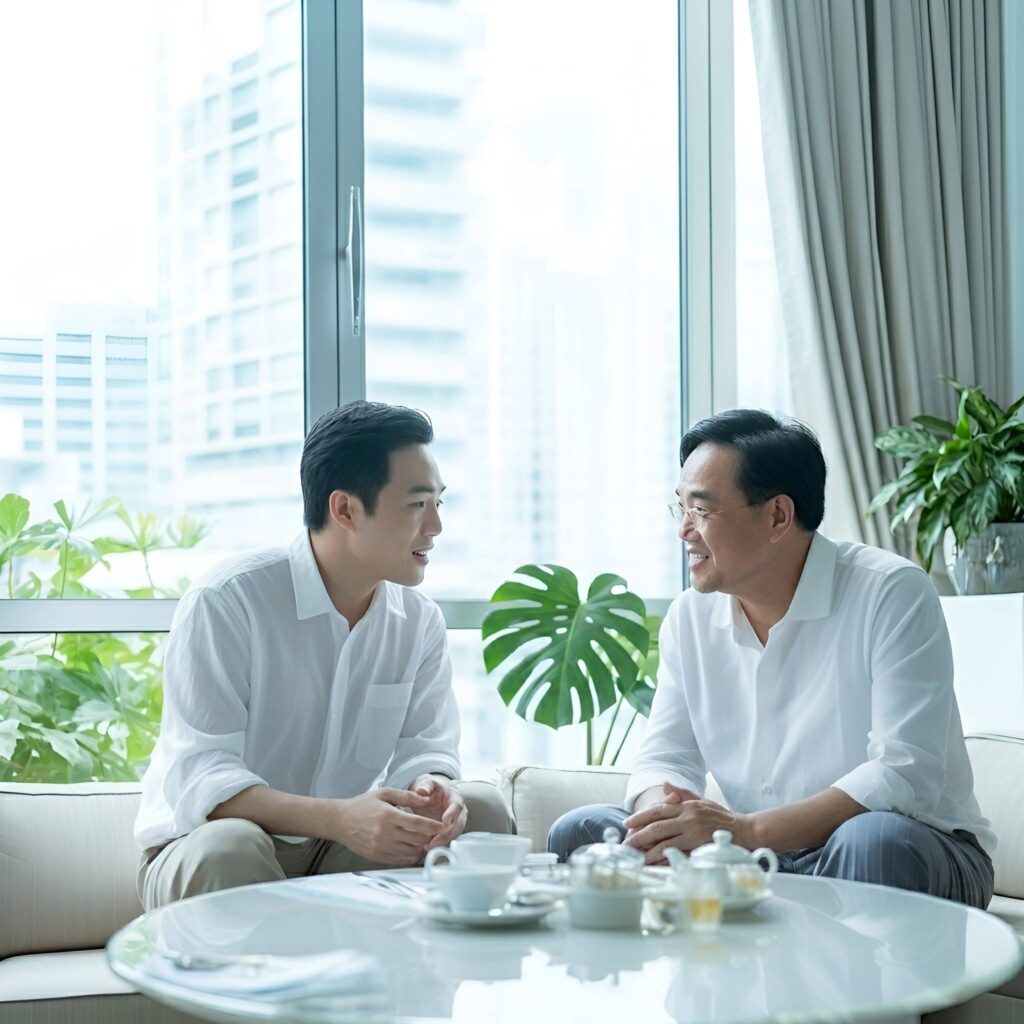 An older man and a younger man having a calm, reassuring conversation over tea, representing clear retirement income planning and the RetireSURE framework provided by Havend's independent advisory in Singapore.